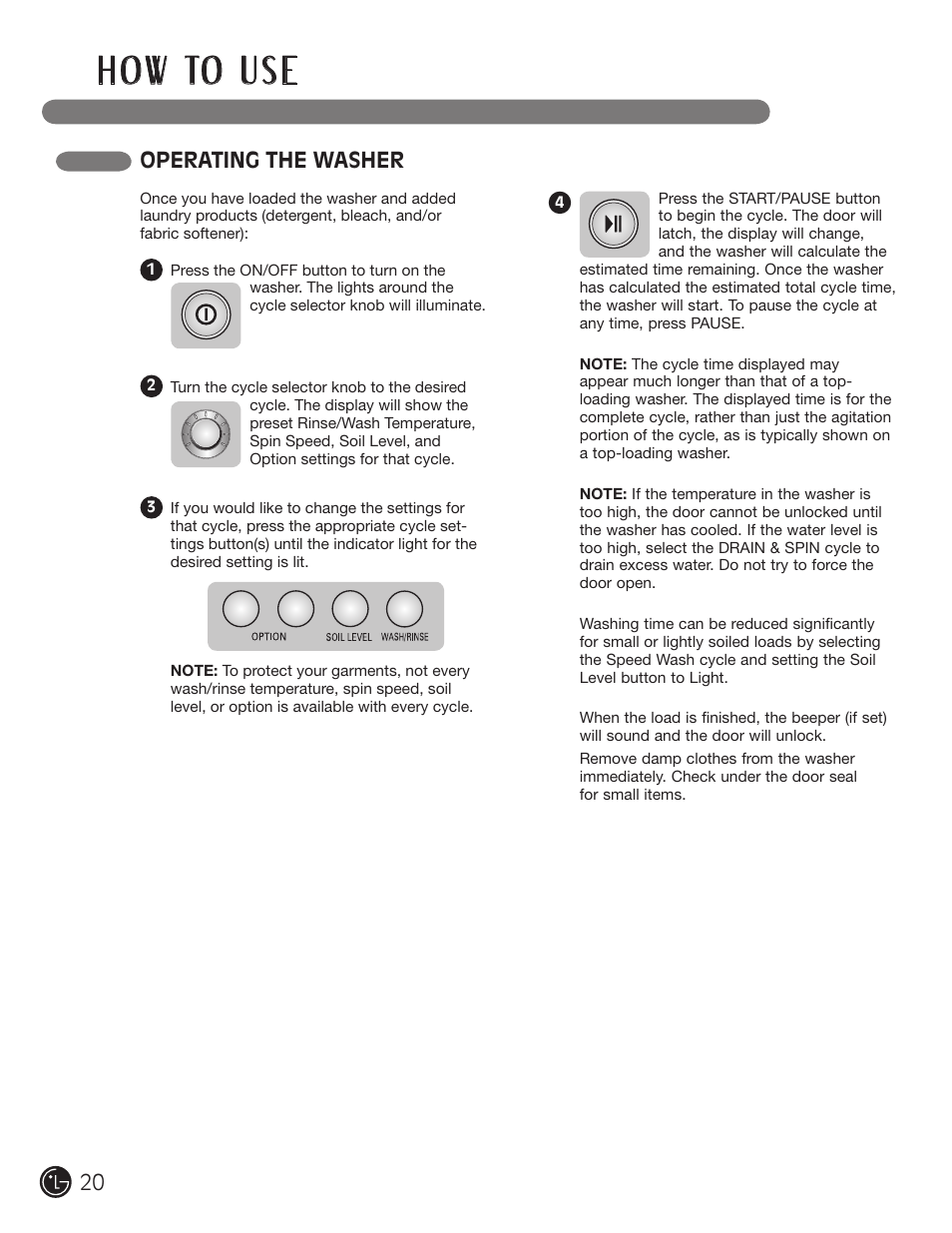 H o w to u s e, Operating the washer | LG WM1355HR User Manual | Page 20 / 68
