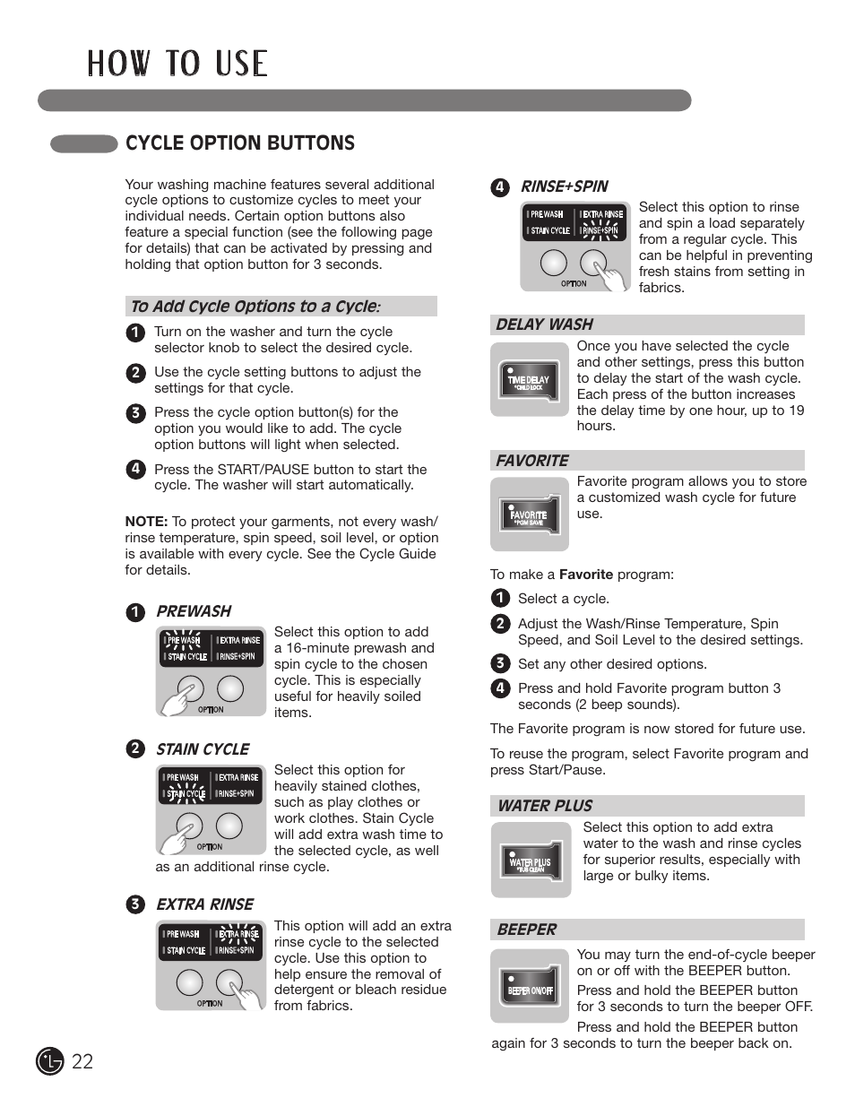 H o w to u s e, Cycle option buttons | LG WM1355HR User Manual | Page 22 / 68
