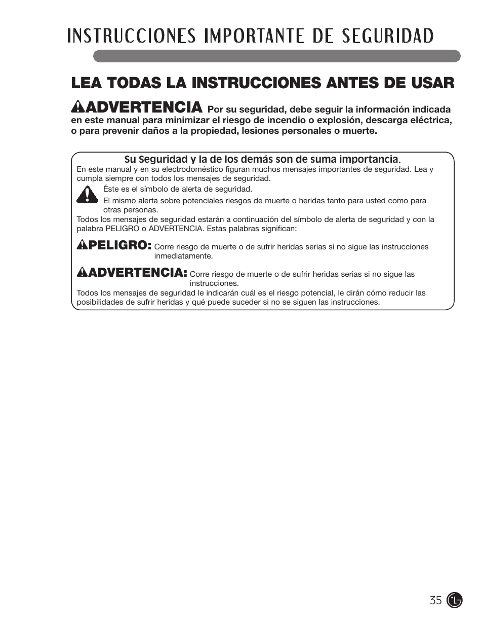 Lea todas la instrucciones antes de usar, Wpeligro, Wadvertencia | LG WM1355HR User Manual | Page 35 / 68