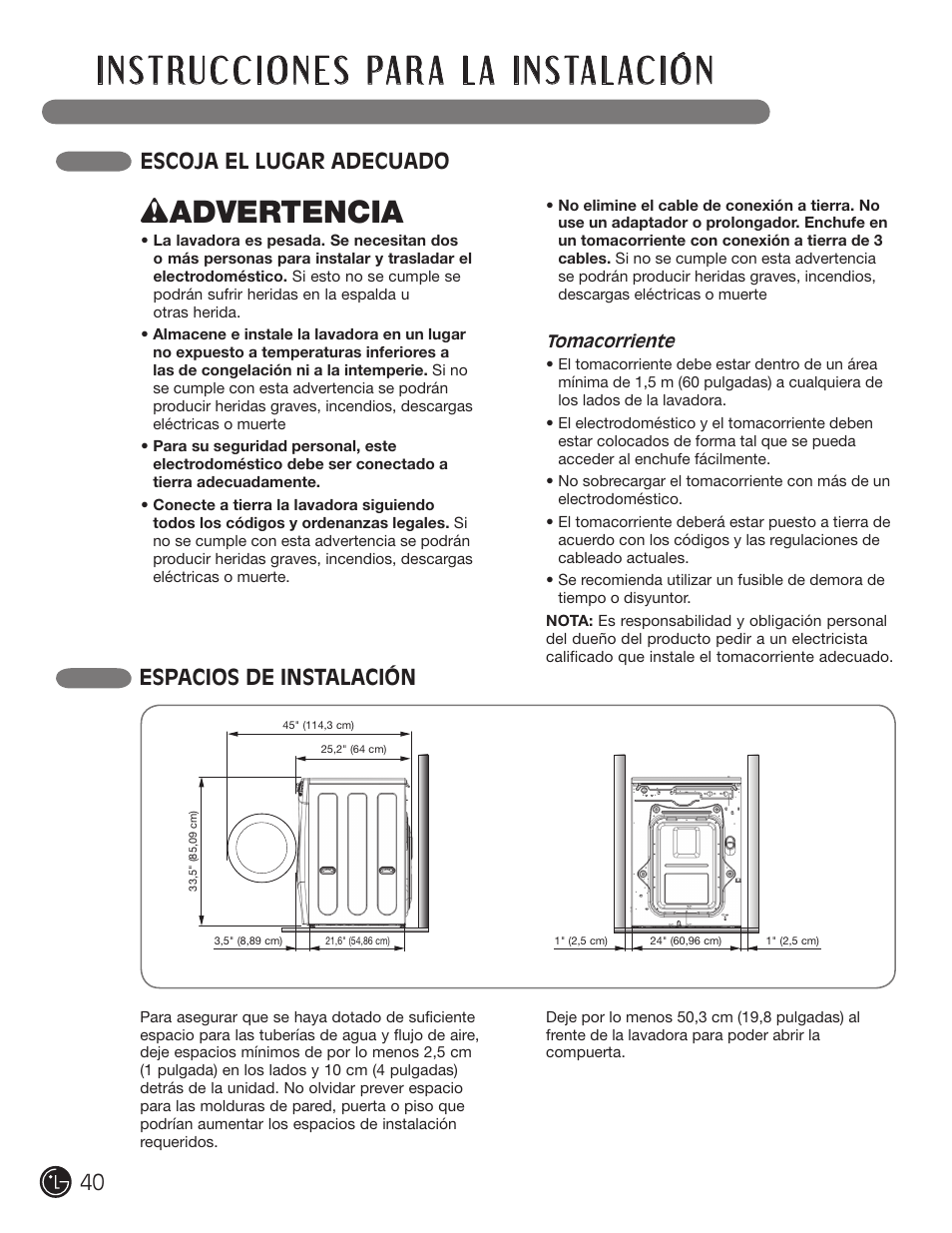 Wadvertencia, Escoja el lugar adecuado espacios de instalación | LG WM1355HR User Manual | Page 40 / 68