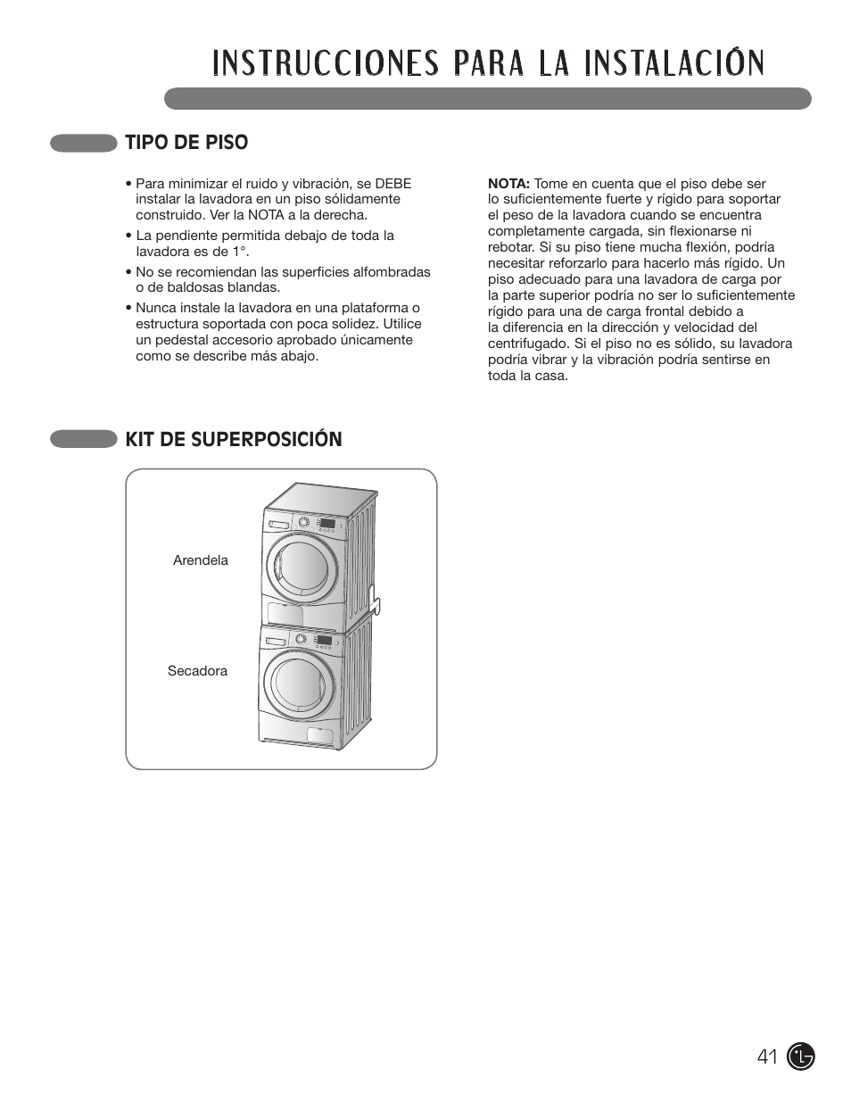 Tipo de piso, Kit de superposición | LG WM1355HR User Manual | Page 41 / 68