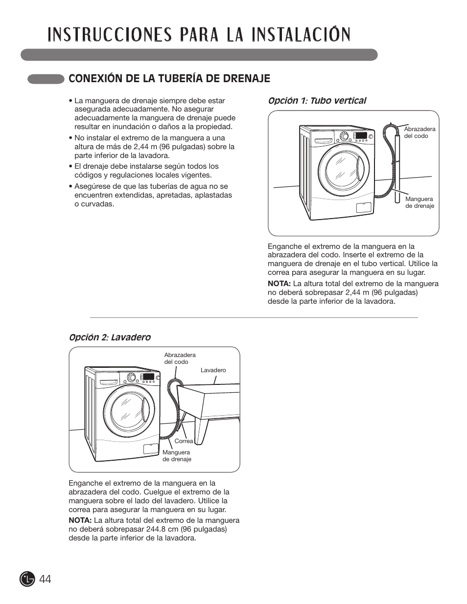 Conexión de la tubería de drenaje | LG WM1355HR User Manual | Page 44 / 68