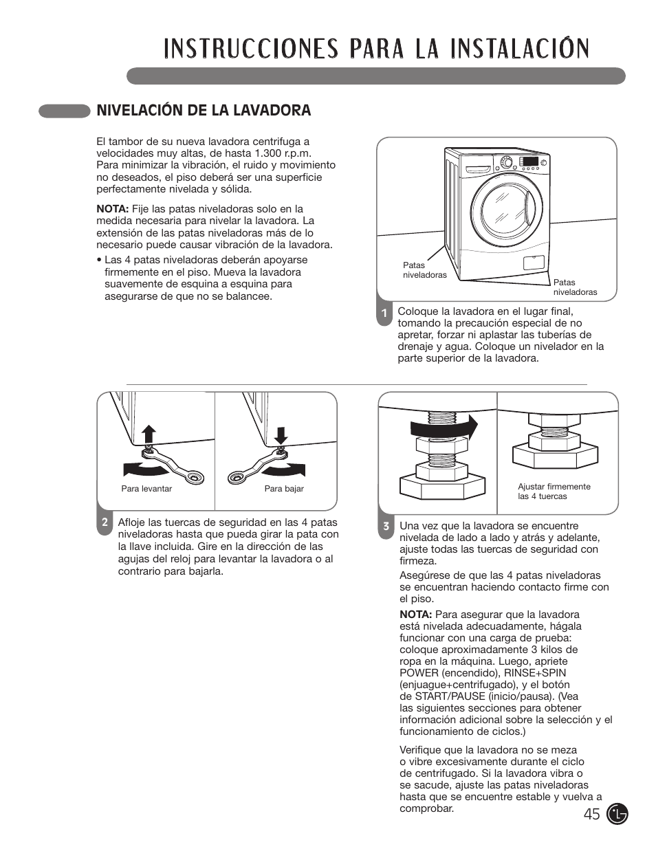 Nivelación de la lavadora | LG WM1355HR User Manual | Page 45 / 68