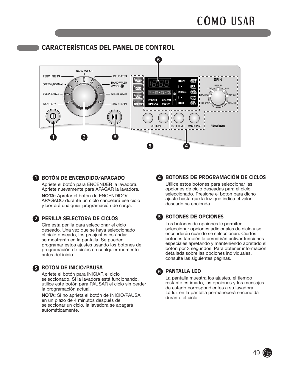 Características del panel de control | LG WM1355HR User Manual | Page 49 / 68