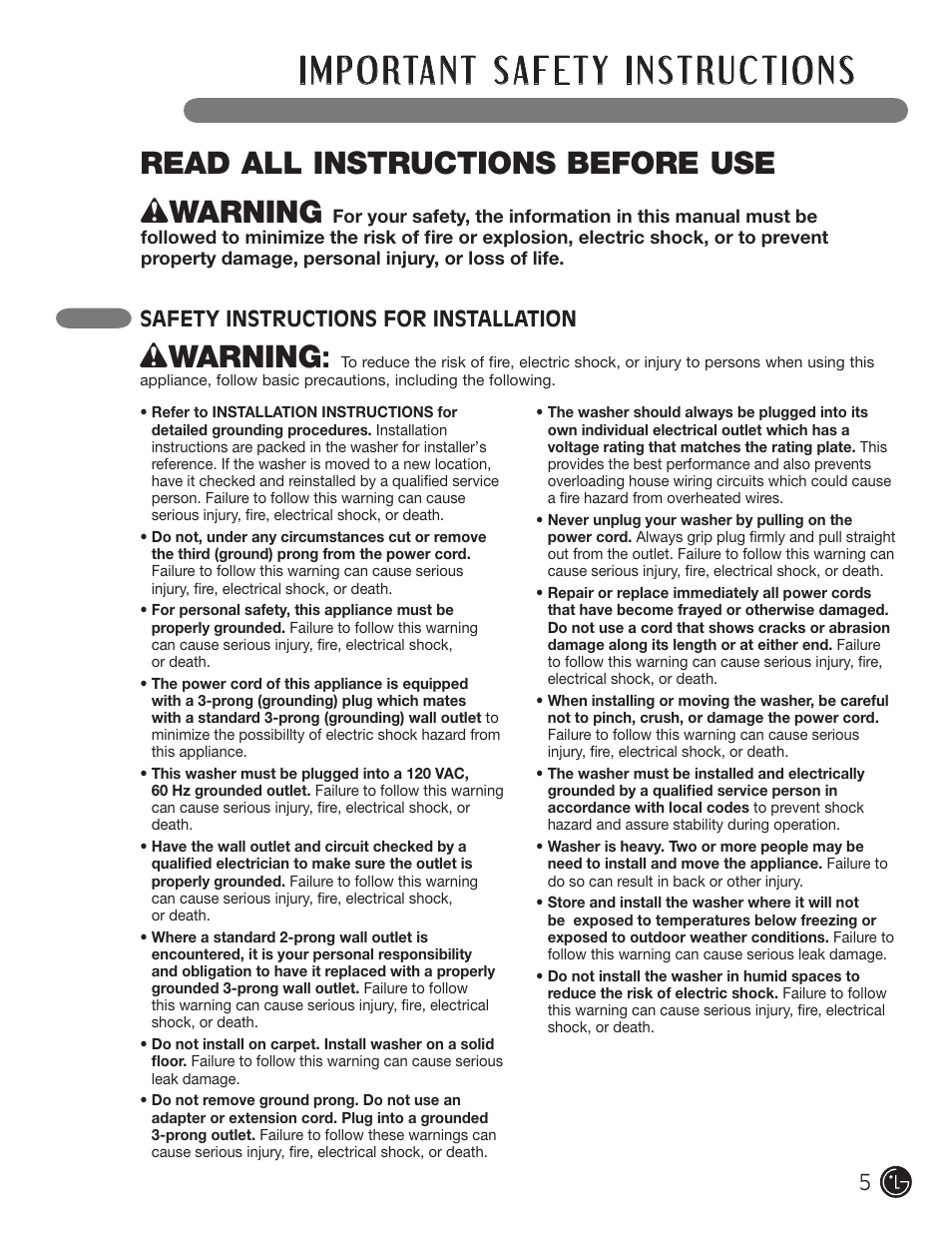 Wwarning, Read all instructions before use, Safety instructions for installation | LG WM1355HR User Manual | Page 5 / 68