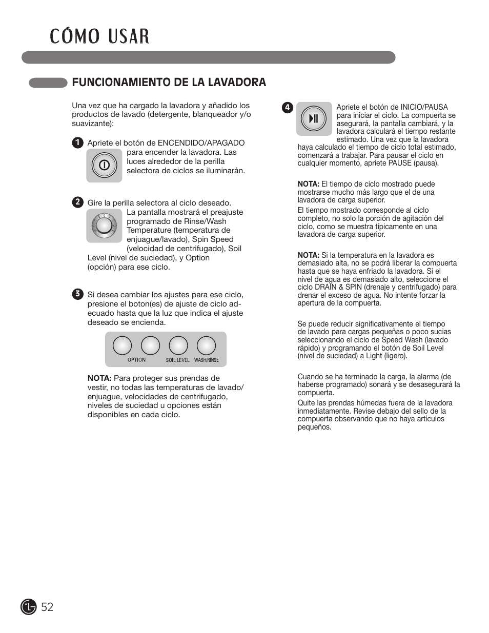 Funcionamiento de la lavadora | LG WM1355HR User Manual | Page 52 / 68