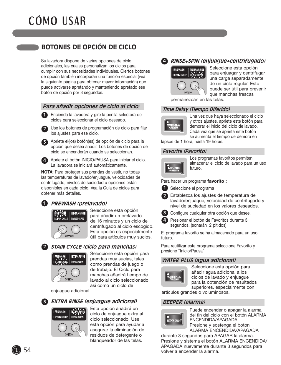 Botones de opción de ciclo | LG WM1355HR User Manual | Page 54 / 68