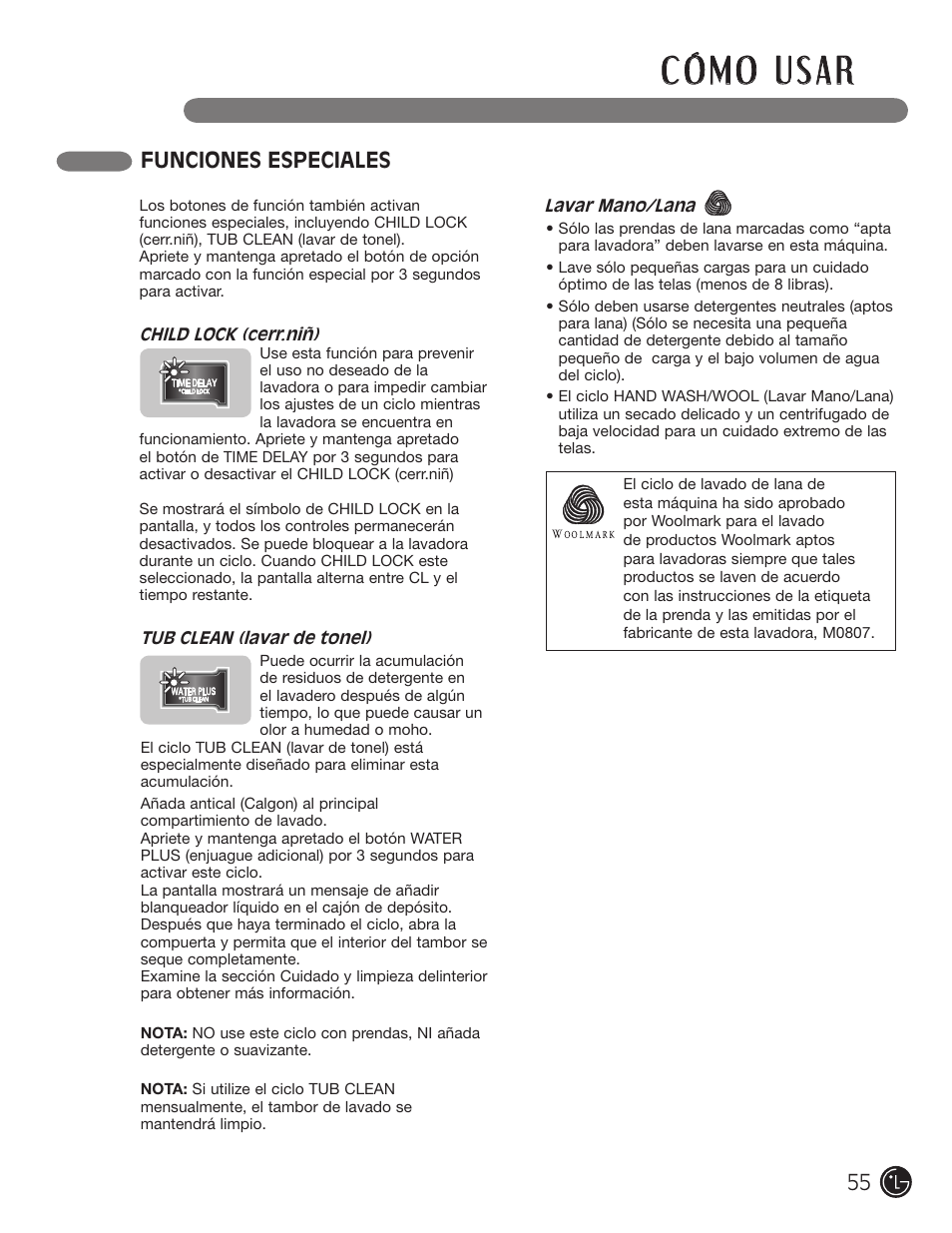 Funciones especiales | LG WM1355HR User Manual | Page 55 / 68