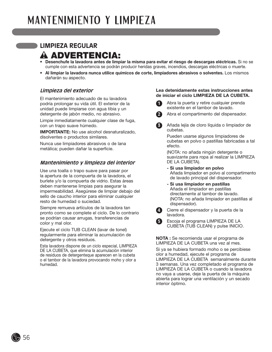 Wadvertencia, Limpieza regular | LG WM1355HR User Manual | Page 56 / 68