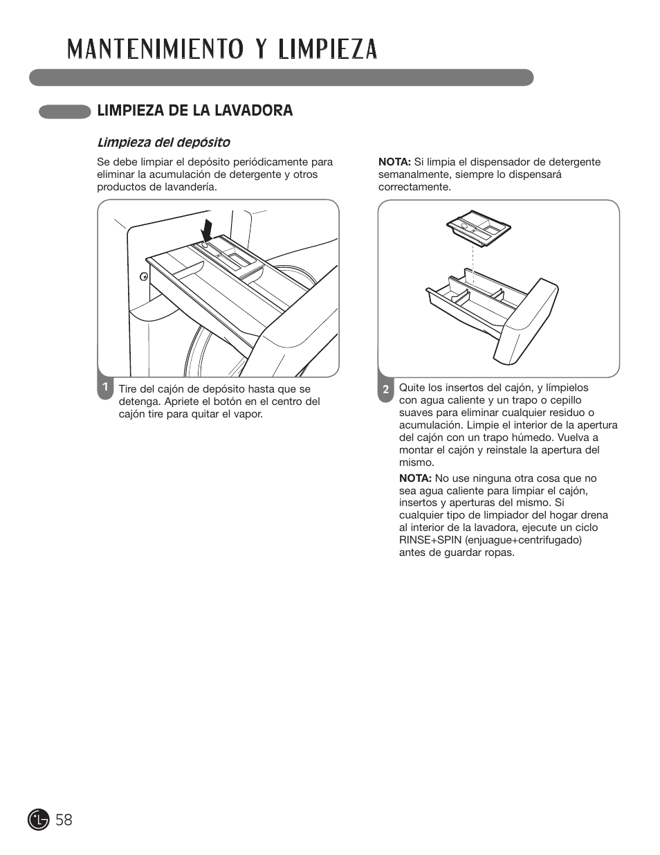 Limpieza de la lavadora | LG WM1355HR User Manual | Page 58 / 68