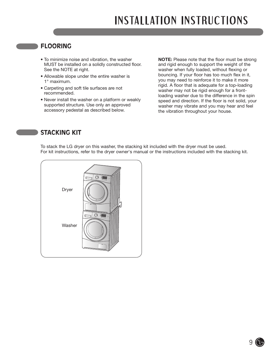 Flooring, Stacking kit | LG WM1355HR User Manual | Page 9 / 68