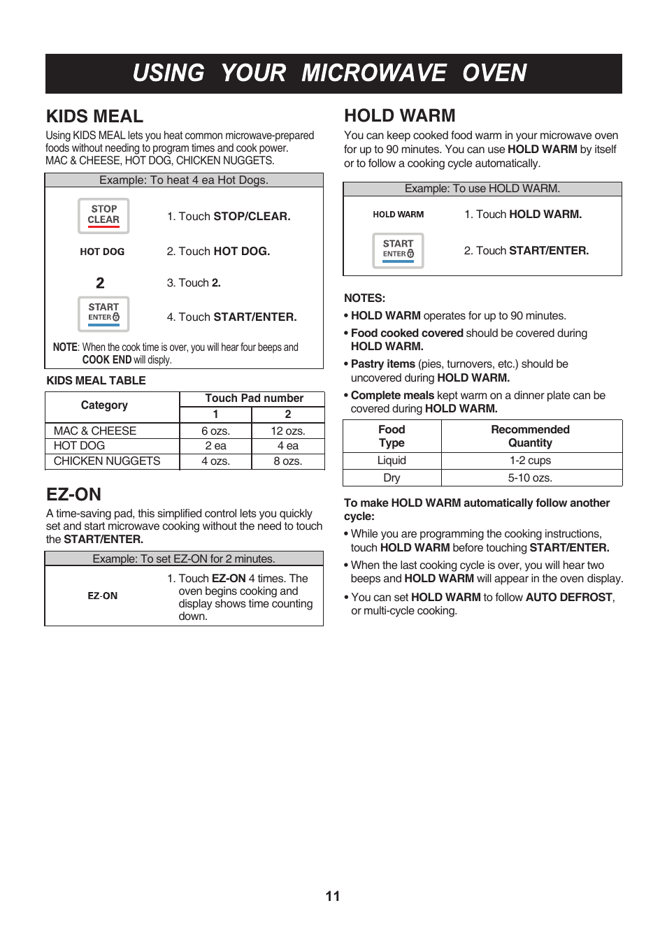 Ez-on, Kids meal, Hold warm | LG LMH2016SB User Manual | Page 11 / 32