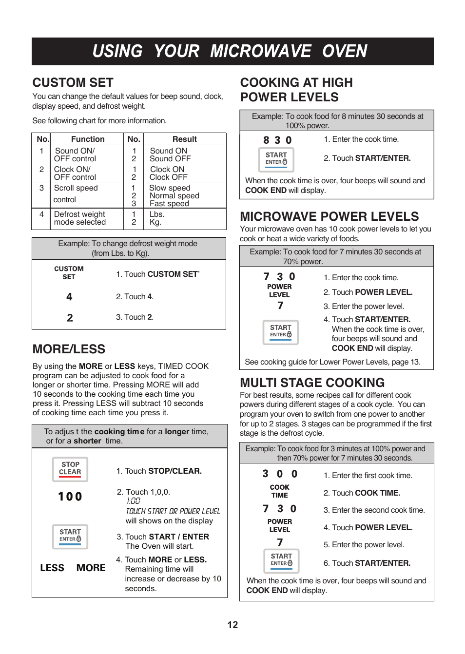 Custom set more/less, Microwave power levels, Multi stage cooking | Cooking at high power levels | LG LMH2016SB User Manual | Page 12 / 32