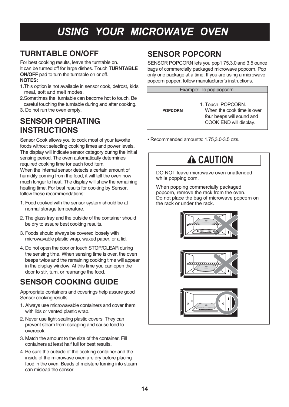 Sensor operating turntable on/off instructions, Sensor cooking guide, Sensor popcorn | LG LMH2016SB User Manual | Page 14 / 32