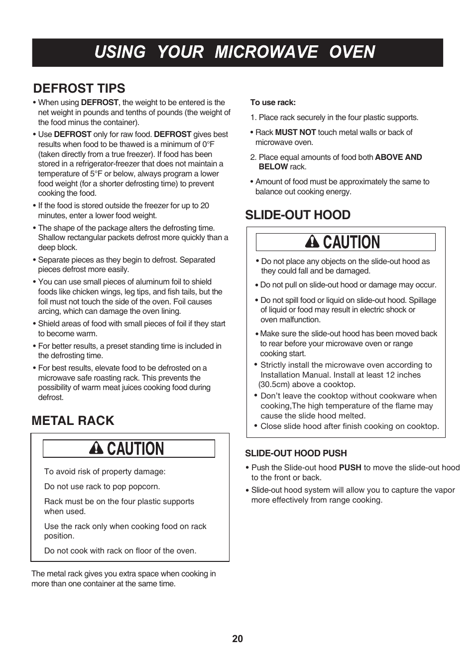 Slide-out hood, Metal rack, Defrost tips | LG LMH2016SB User Manual | Page 20 / 32