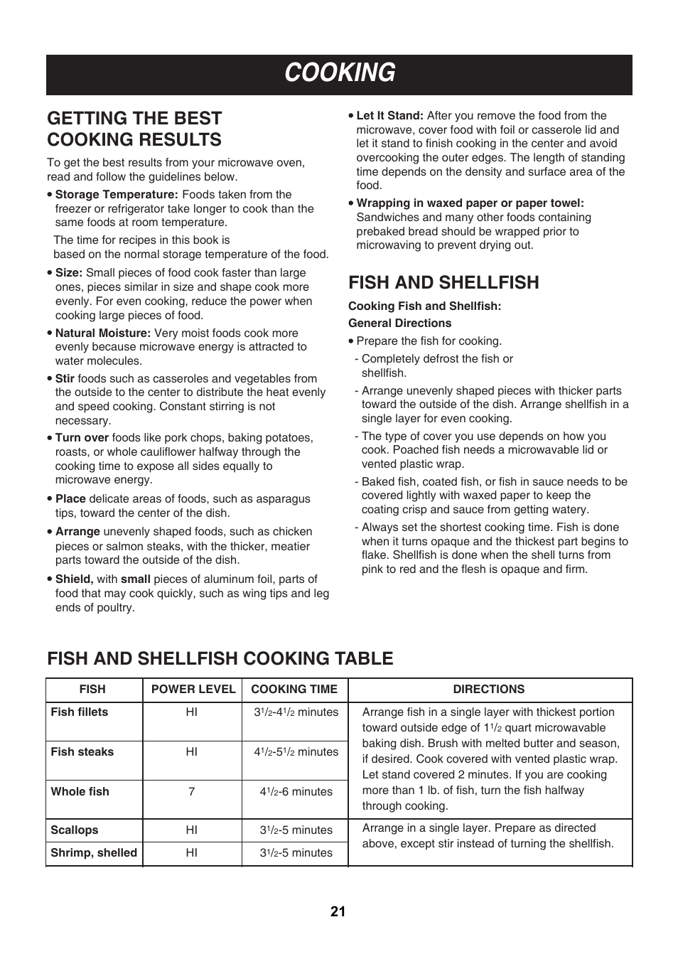 Cooking, Getting the best cooking results, Fish and shellfish | Fish and shellfish cooking table | LG LMH2016SB User Manual | Page 21 / 32