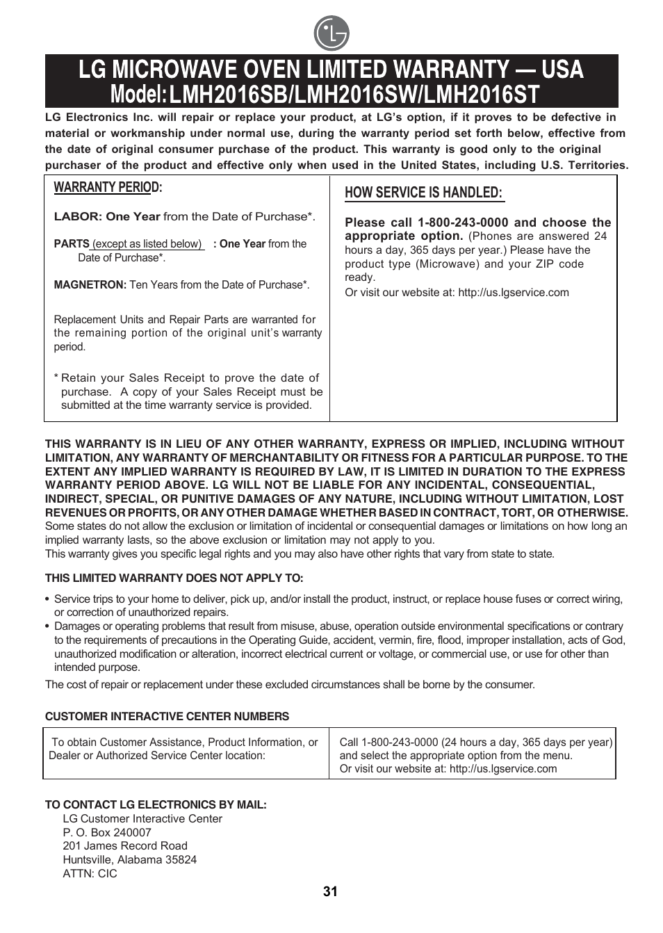 How service is handled | LG LMH2016SB User Manual | Page 31 / 32