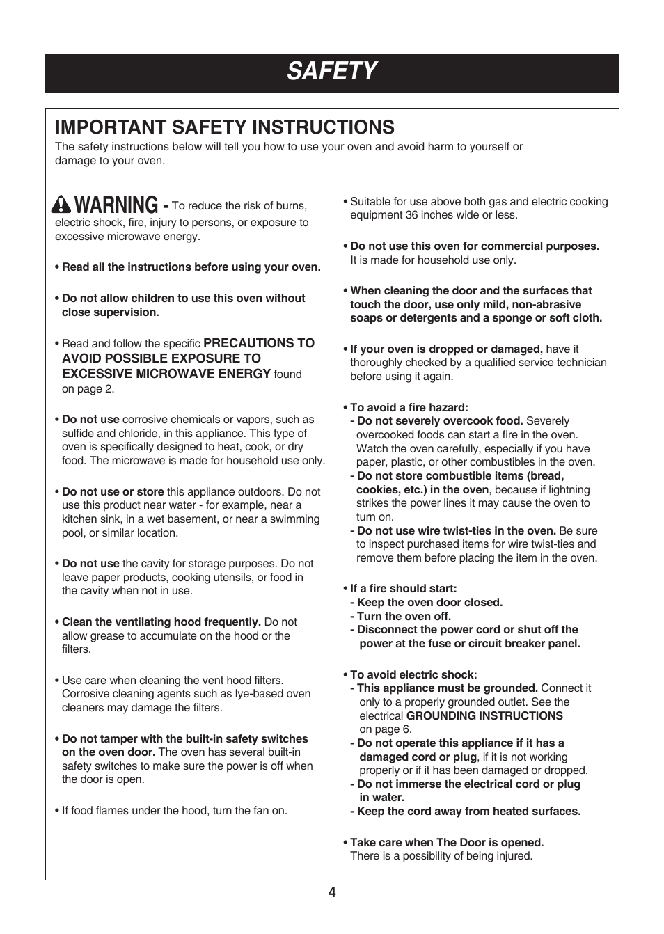 Safety, Warning, Important safety instructions | LG LMH2016SB User Manual | Page 4 / 32