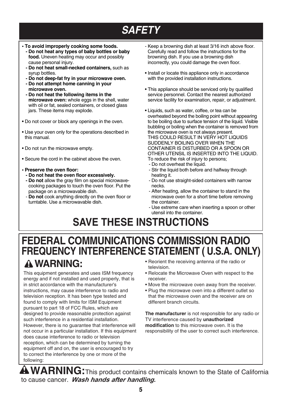 Warning, Wash hands after handling | LG LMH2016SB User Manual | Page 5 / 32