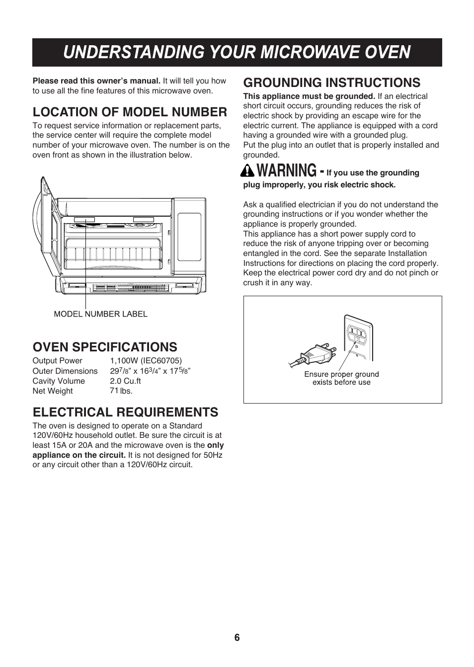 Warning, Location of model number, Oven specifications | Electrical requirements, Grounding instructions | LG LMH2016SB User Manual | Page 6 / 32