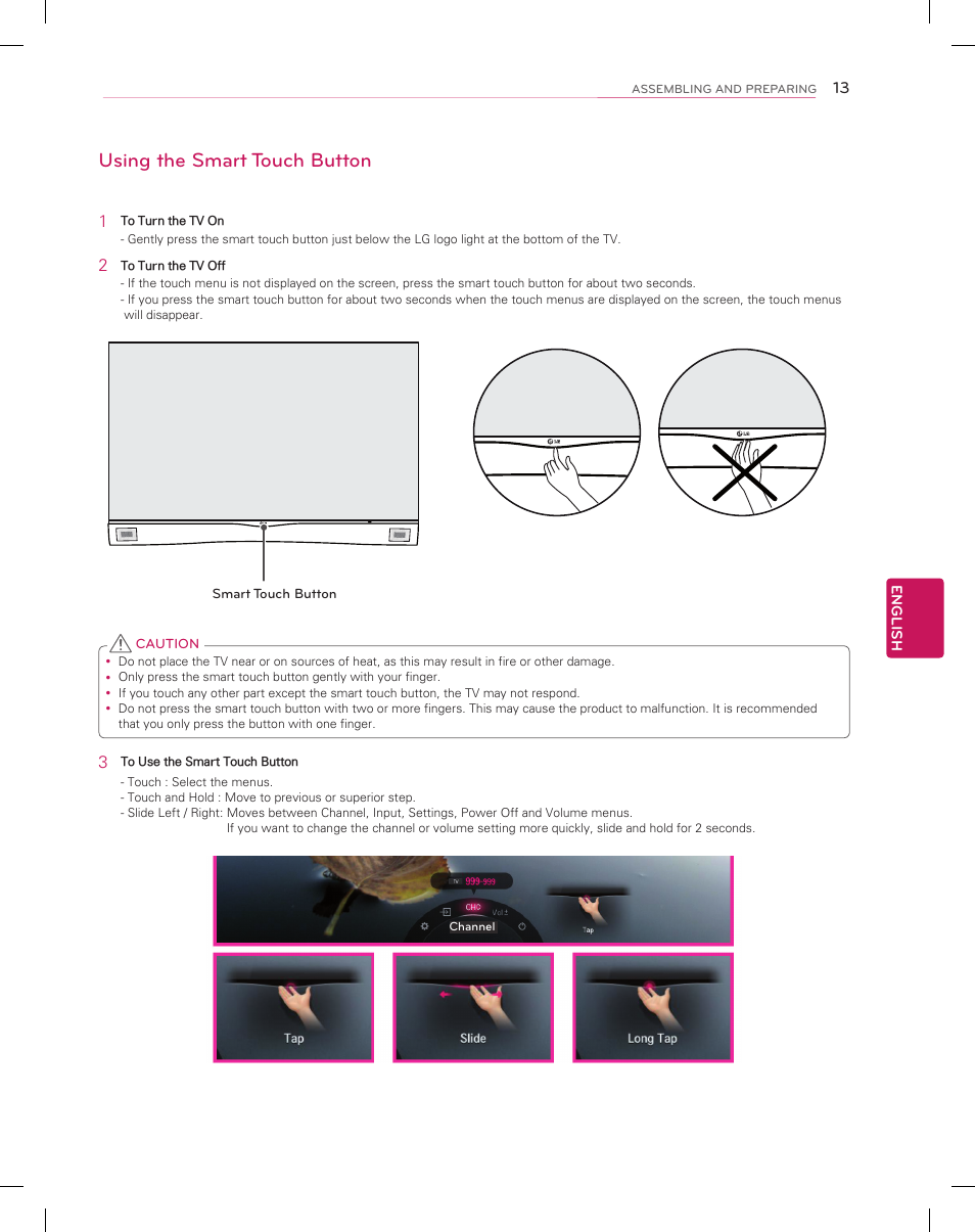 Using the smart touch button | LG 55EA9800 User Manual | Page 13 / 52