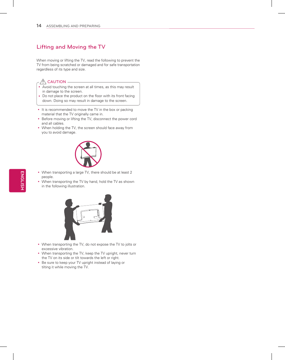 Lifting and moving the tv | LG 55EA9800 User Manual | Page 14 / 52