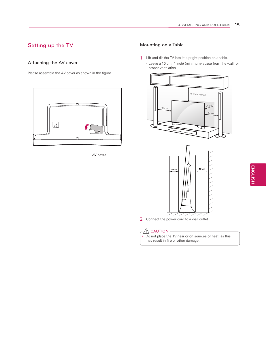 Setting up the tv, Attaching the av cover, Mounting on a table 1 | LG 55EA9800 User Manual | Page 15 / 52