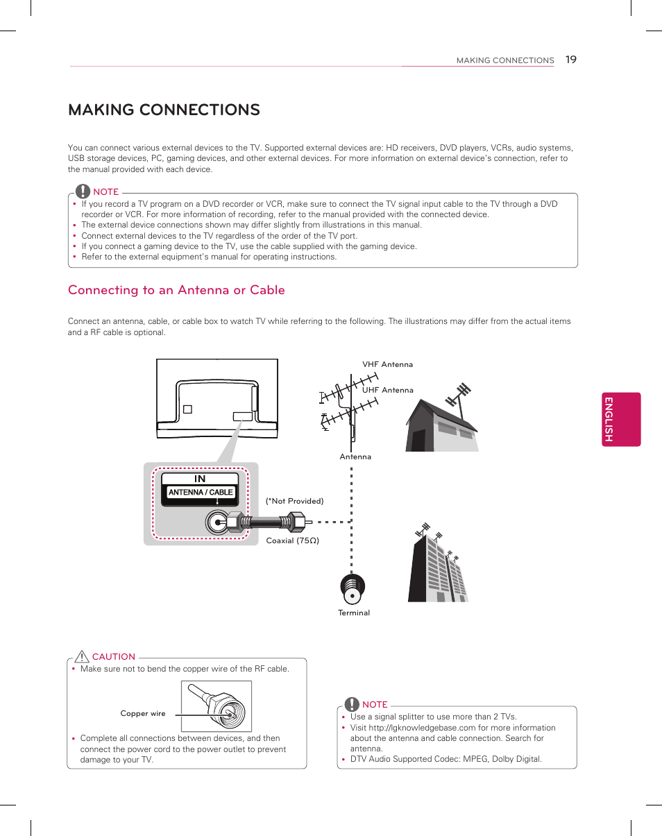 Making connections, Connecting to an antenna or cable | LG 55EA9800 User Manual | Page 19 / 52