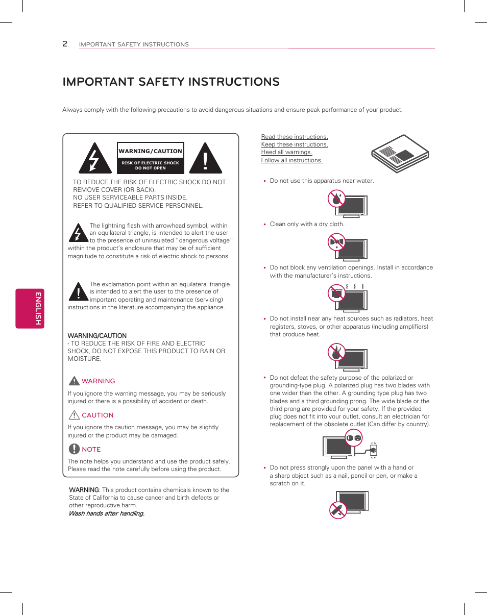 Important safety instructions, English | LG 55EA9800 User Manual | Page 2 / 52
