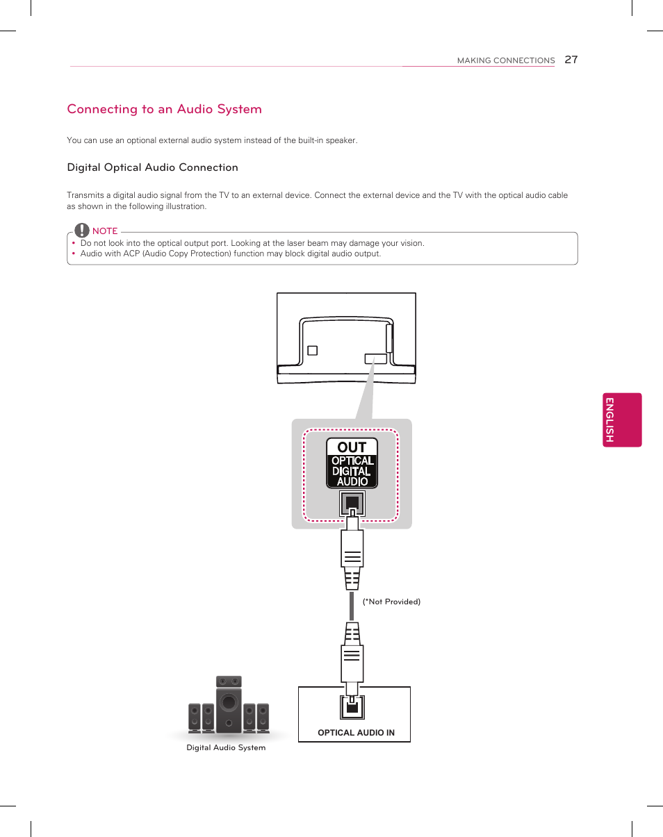 Connecting to an audio system | LG 55EA9800 User Manual | Page 27 / 52