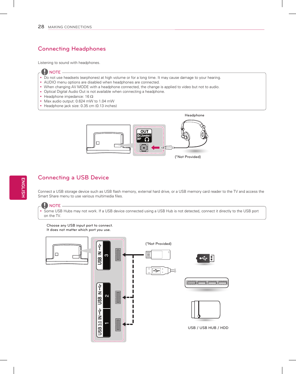 Connecting headphones, Connecting a usb device | LG 55EA9800 User Manual | Page 28 / 52