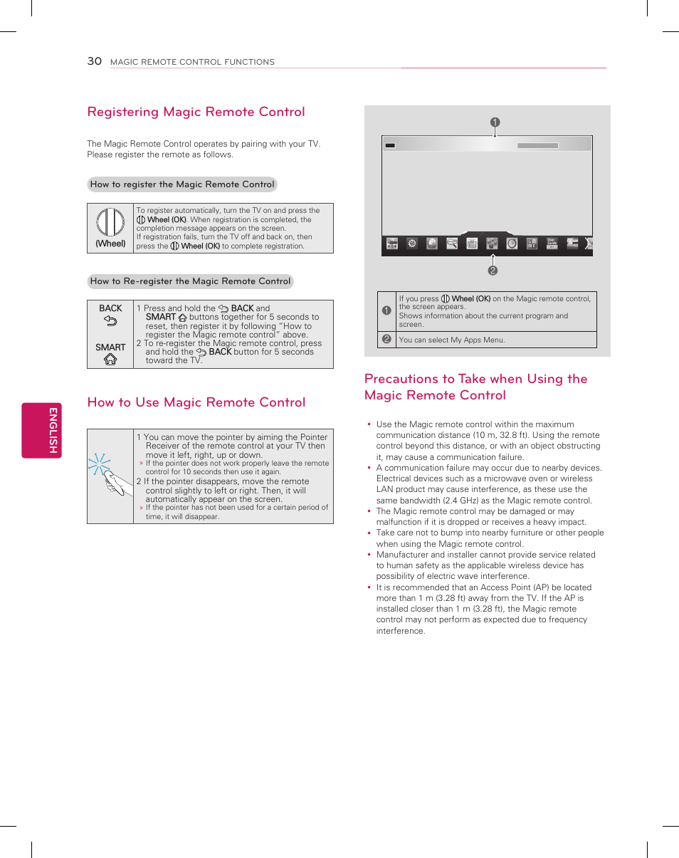 Registering magic remote control, How to use magic remote control | LG 55EA9800 User Manual | Page 30 / 52