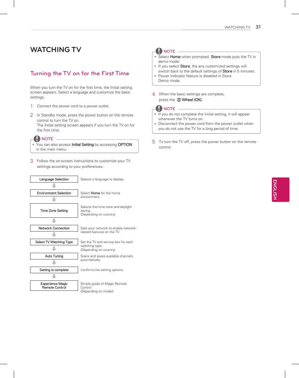 Watching tv, Turning the tv on for the first time | LG 55EA9800 User Manual | Page 31 / 52
