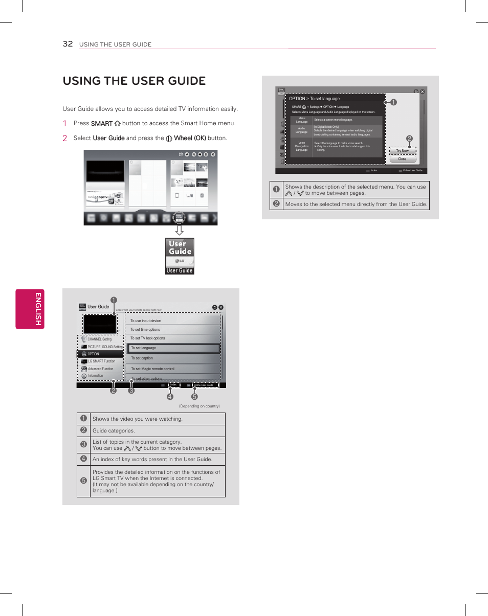 Using the user guide, English | LG 55EA9800 User Manual | Page 32 / 52