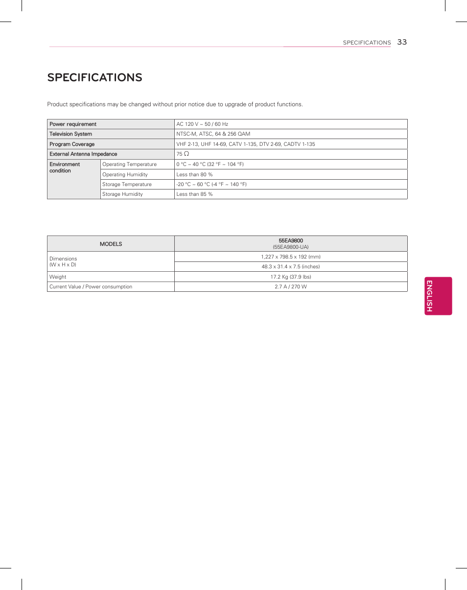 Specifications, English | LG 55EA9800 User Manual | Page 33 / 52