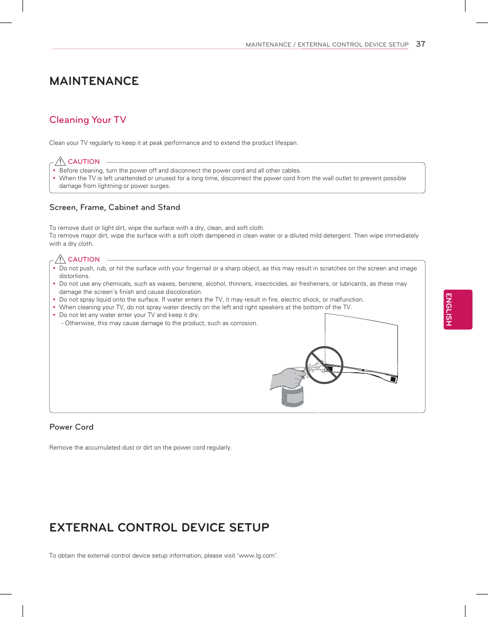 Maintenance, External control device setup, Cleaning your tv | LG 55EA9800 User Manual | Page 37 / 52