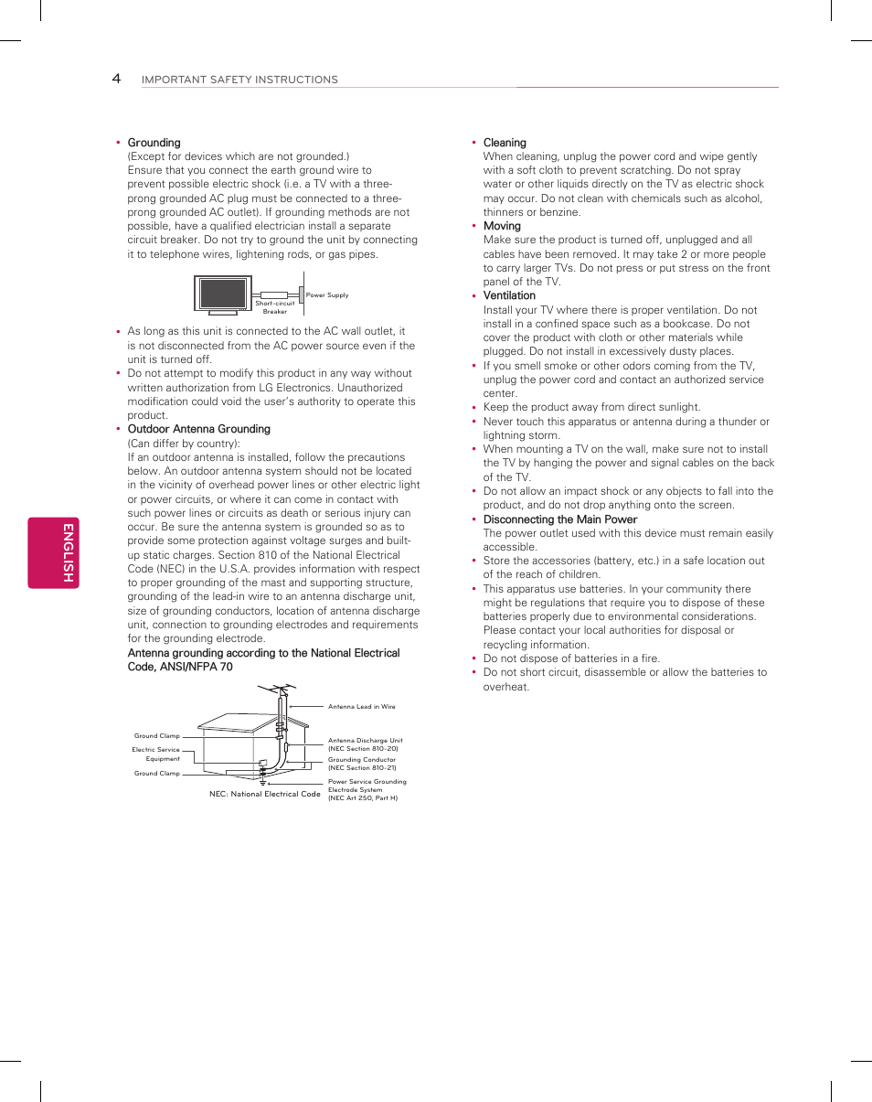 Short-circuit breaker power supply, English | LG 55EA9800 User Manual | Page 4 / 52