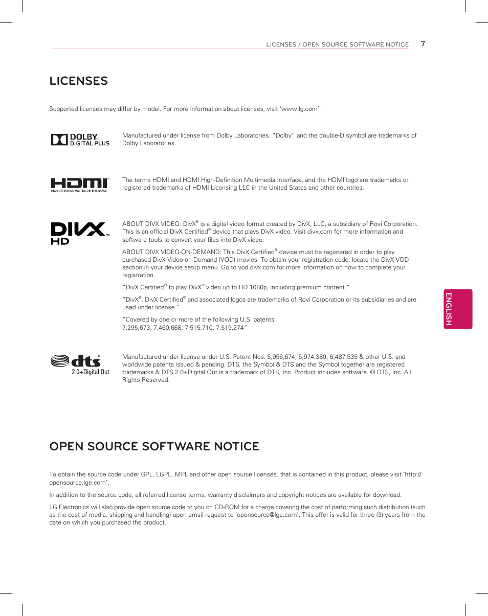 Licenses, Open source software notice | LG 55EA9800 User Manual | Page 7 / 52