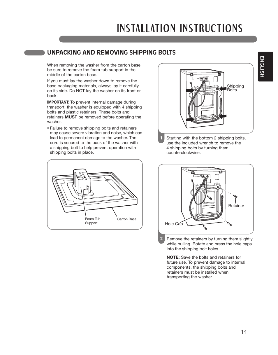 Unpacking and removing shipping bolts | LG WM3885HCCA User Manual | Page 11 / 108