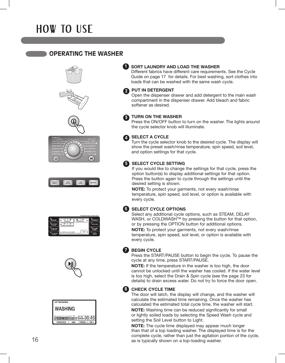 H o w to u s e, Operating the washer | LG WM3885HCCA User Manual | Page 16 / 108