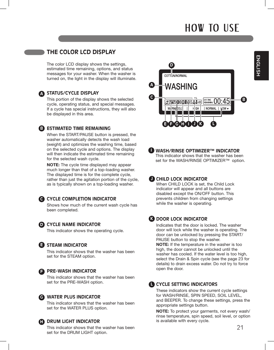 H o w to u s e, The color lcd display | LG WM3885HCCA User Manual | Page 21 / 108