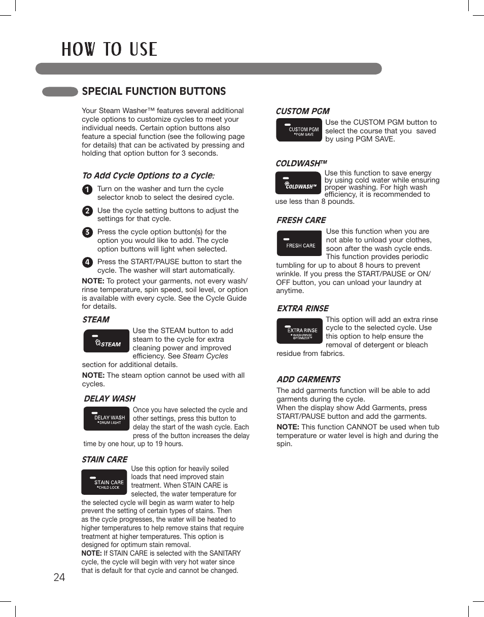 H o w to u s e, Special function buttons | LG WM3885HCCA User Manual | Page 24 / 108