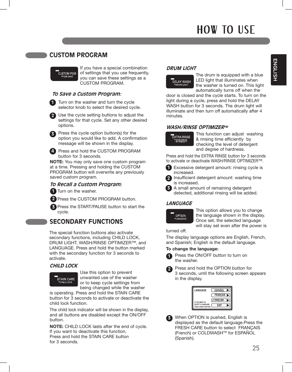 H o w to u s e, Custom program, Secondary functions | LG WM3885HCCA User Manual | Page 25 / 108