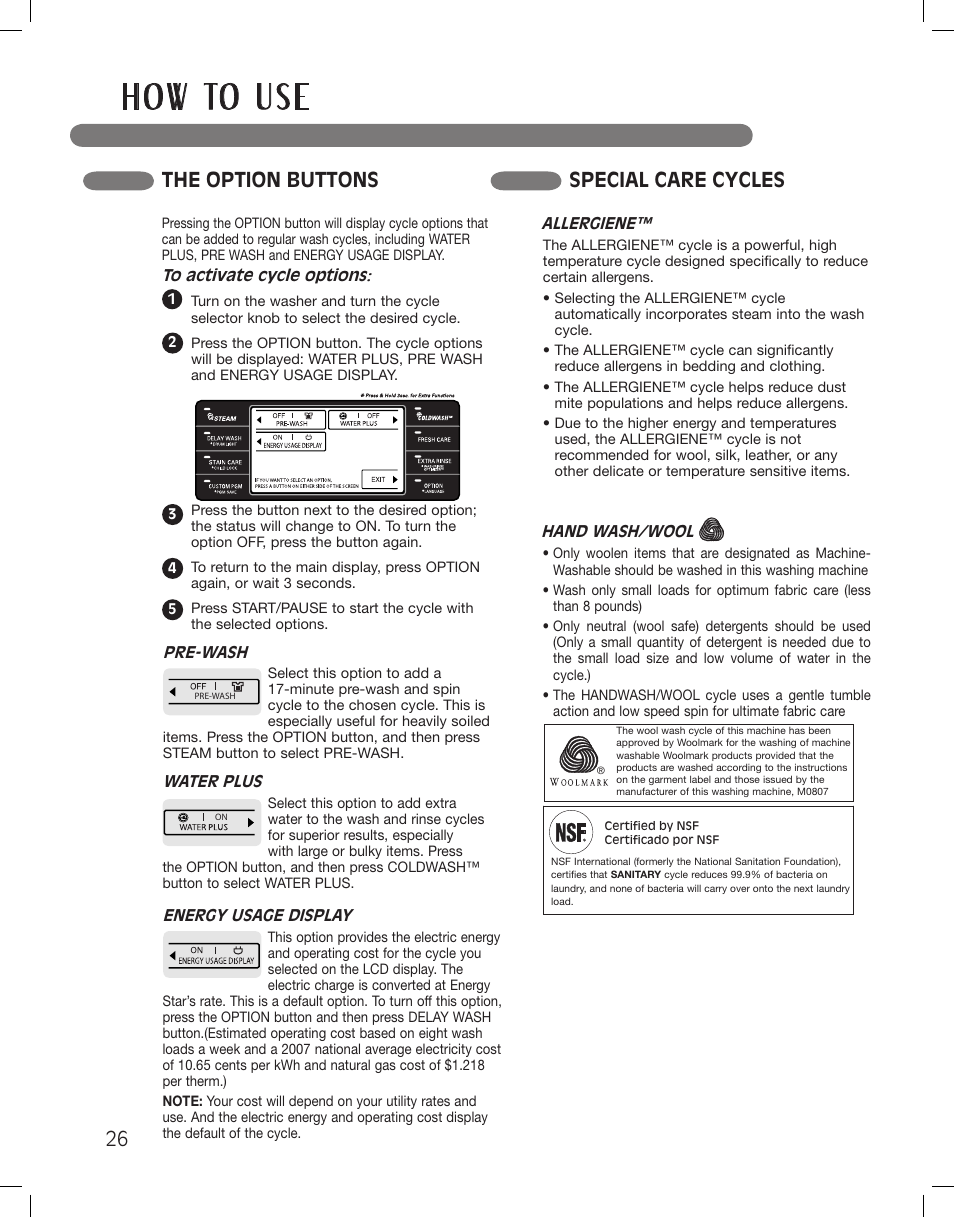 H o w to u s e, The option buttons special care cycles | LG WM3885HCCA User Manual | Page 26 / 108