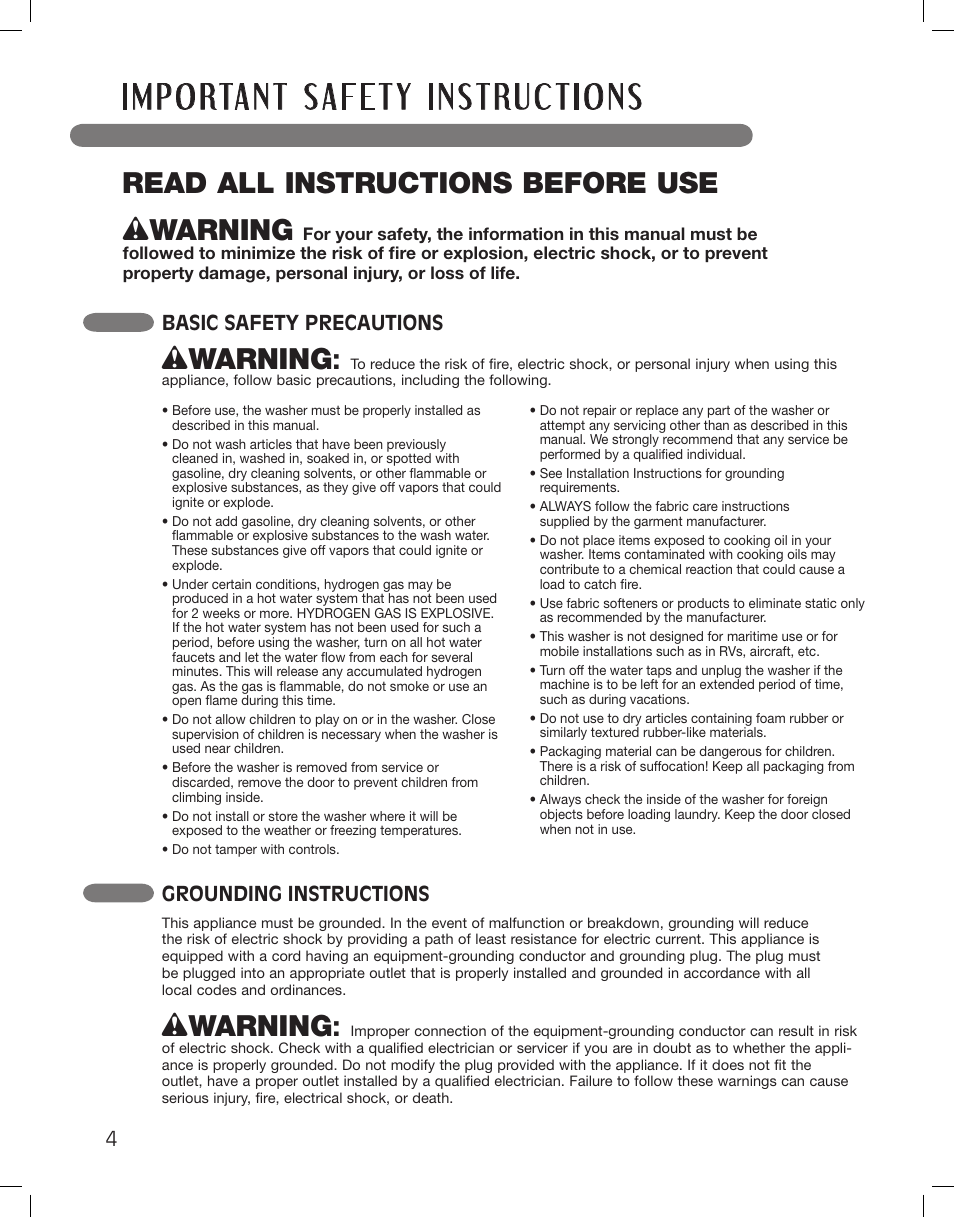 Wwarning, Read all instructions before use, Basic safety precautions | Grounding instructions | LG WM3885HCCA User Manual | Page 4 / 108