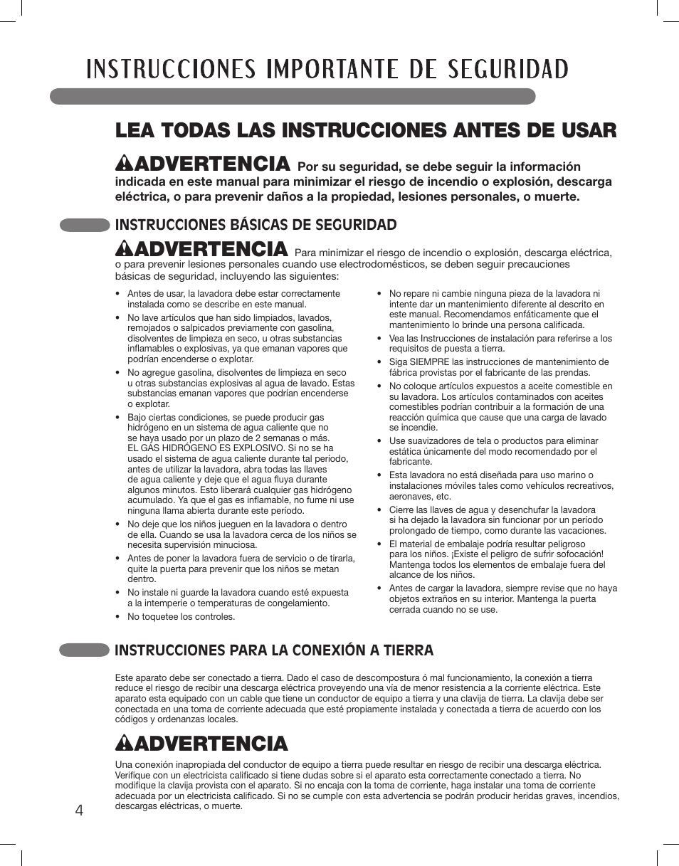 Wadvertencia, Instrucciones básicas de seguridad, Instrucciones para la conexión a tierra | LG WM3885HCCA User Manual | Page 40 / 108