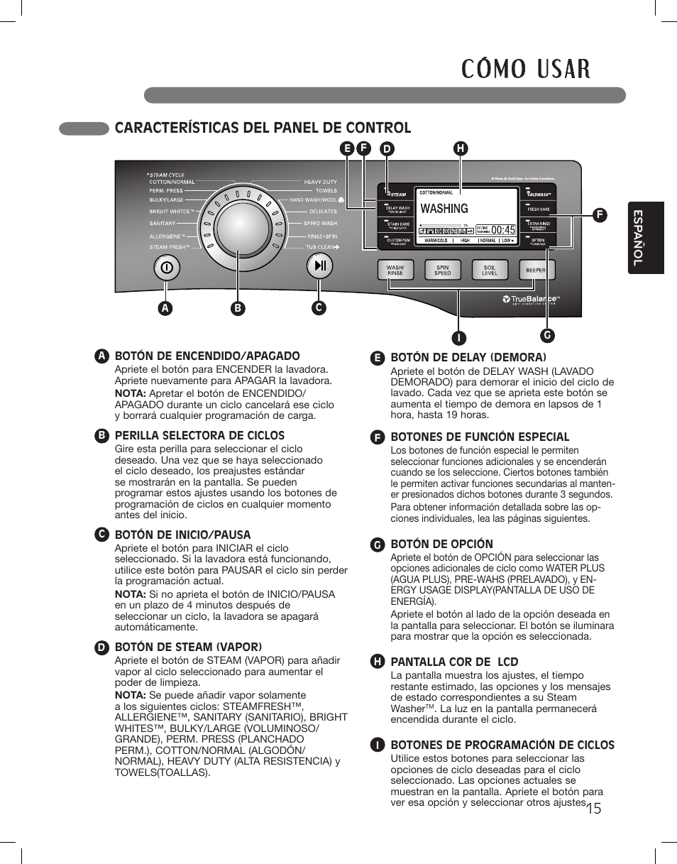 Características del panel de control | LG WM3885HCCA User Manual | Page 51 / 108