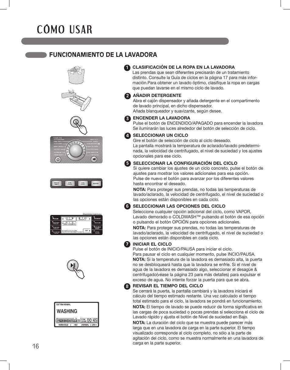 Funcionamiento de la lavadora | LG WM3885HCCA User Manual | Page 52 / 108