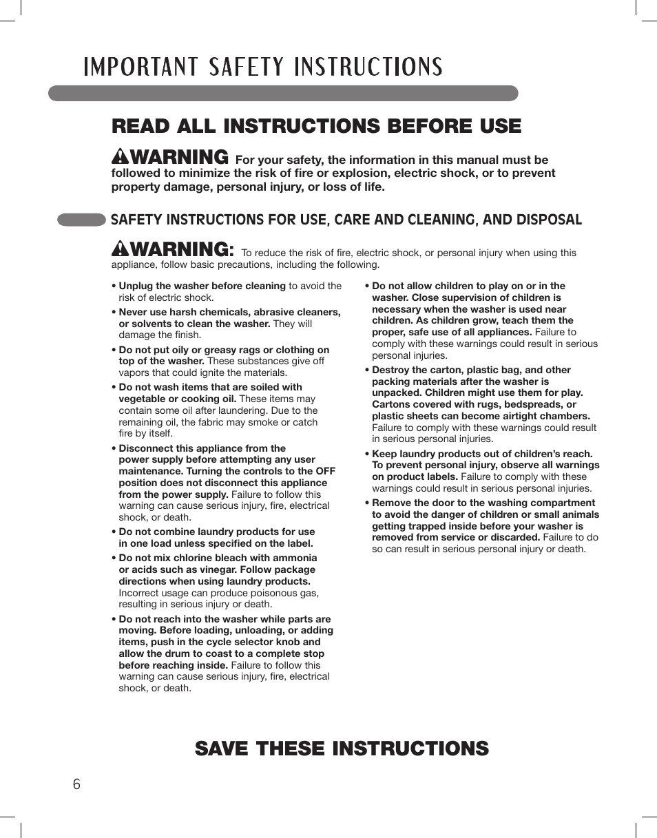 Wwarning | LG WM3885HCCA User Manual | Page 6 / 108
