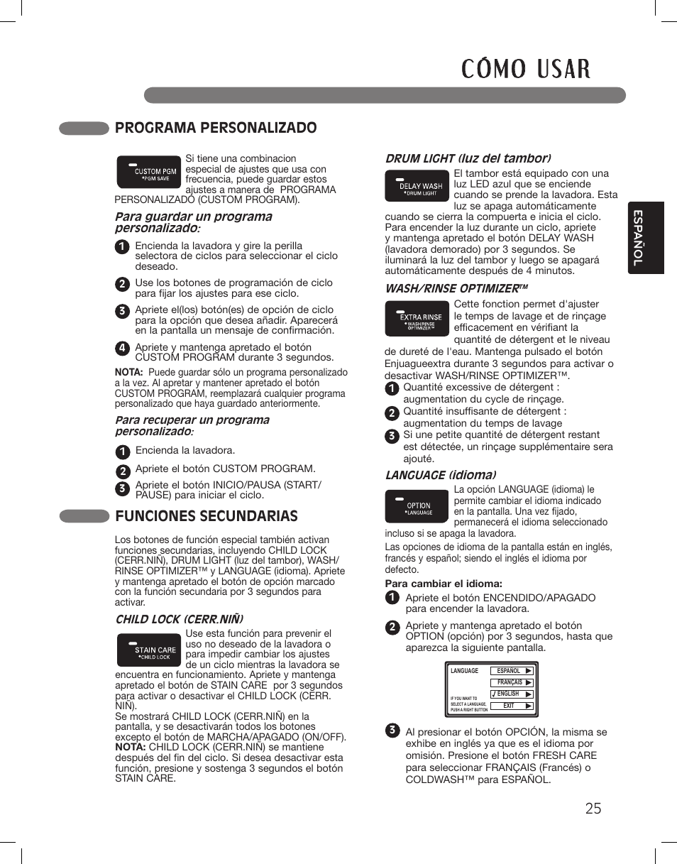 Programa personalizado, Funciones secundarias | LG WM3885HCCA User Manual | Page 61 / 108